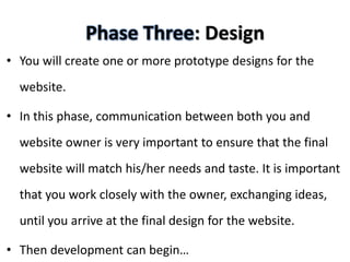Phase Three: Design
• You will create one or more prototype designs for the
  website.

• In this phase, communication between both you and
  website owner is very important to ensure that the final
  website will match his/her needs and taste. It is important
  that you work closely with the owner, exchanging ideas,
  until you arrive at the final design for the website.

• Then development can begin…
 