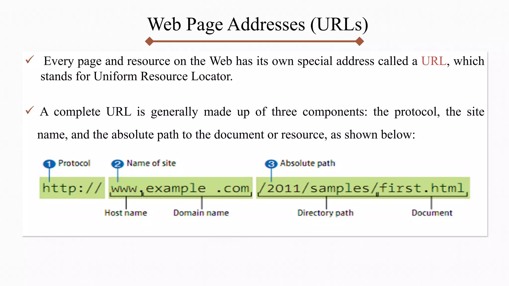 Web Page Addresses (URLs)
 Every page and resource on the Web has its own special address called a URL, which
stands for Uniform Resource Locator.
 A complete URL is generally made up of three components: the protocol, the site
name, and the absolute path to the document or resource, as shown below:
 