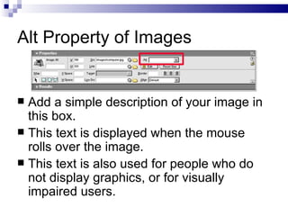 Alt Property of Images  Add a simple description of your image in this box. This text is displayed when the mouse rolls over the image. This text is also used for people who do not display graphics, or for visually impaired users. 