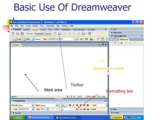 Basic Use Of DreamweaverBehaviours panelToolbarWork areaFormatting box