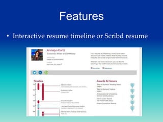 Features
• Interactive resume timeline or Scribd resume

 