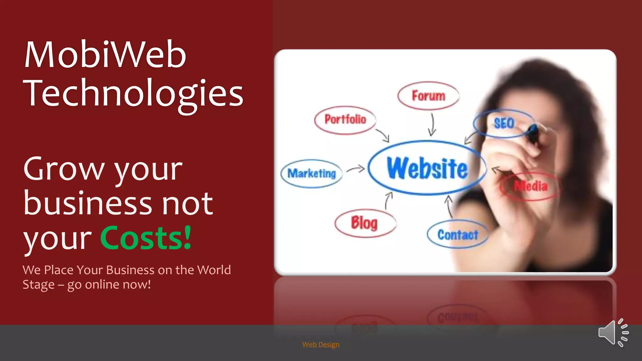 MobiWeb
Technologies
Grow your
business not
your Costs!
We Place Your Business on the World
Stage – go online now!
Web Design
 