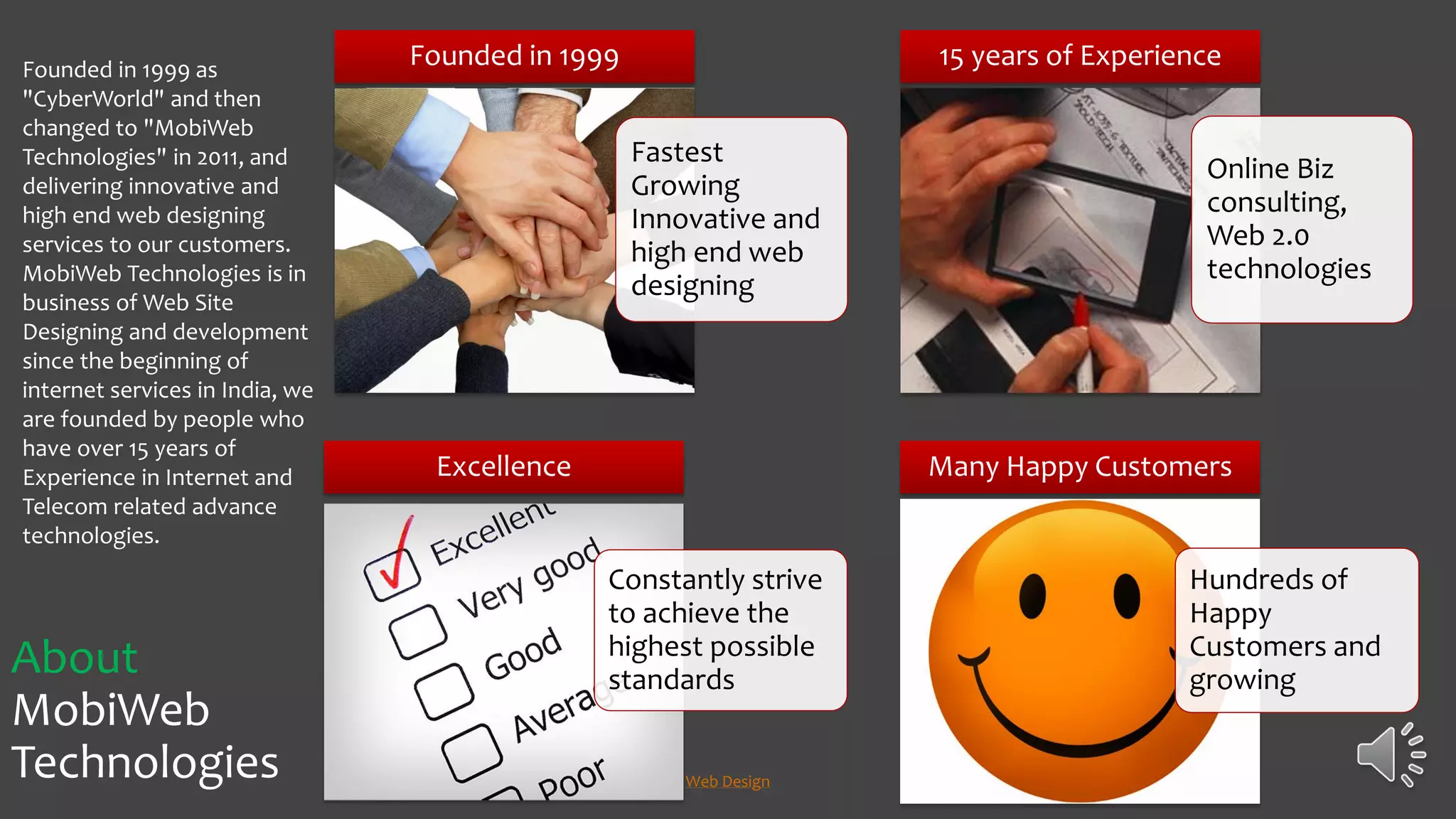 About
MobiWeb
Technologies
Fastest
Growing
Innovative and
high end web
designing
Founded in 1999
Online Biz
consulting,
Web 2.0
technologies
15 years of Experience
Constantly strive
to achieve the
highest possible
standards
Excellence
Hundreds of
Happy
Customers and
growing
Many Happy Customers
Founded in 1999 as
"CyberWorld" and then
changed to "MobiWeb
Technologies" in 2011, and
delivering innovative and
high end web designing
services to our customers.
MobiWeb Technologies is in
business of Web Site
Designing and development
since the beginning of
internet services in India, we
are founded by people who
have over 15 years of
Experience in Internet and
Telecom related advance
technologies.
Web Design
 