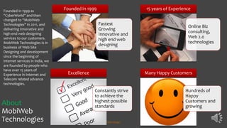 About
MobiWeb
Technologies
Fastest
Growing
Innovative and
high end web
designing
Founded in 1999
Online Biz
consulting,
Web 2.0
technologies
15 years of Experience
Constantly strive
to achieve the
highest possible
standards
Excellence
Hundreds of
Happy
Customers and
growing
Many Happy Customers
Founded in 1999 as
"CyberWorld" and then
changed to "MobiWeb
Technologies" in 2011, and
delivering innovative and
high end web designing
services to our customers.
MobiWeb Technologies is in
business of Web Site
Designing and development
since the beginning of
internet services in India, we
are founded by people who
have over 15 years of
Experience in Internet and
Telecom related advance
technologies.
Web Design
 