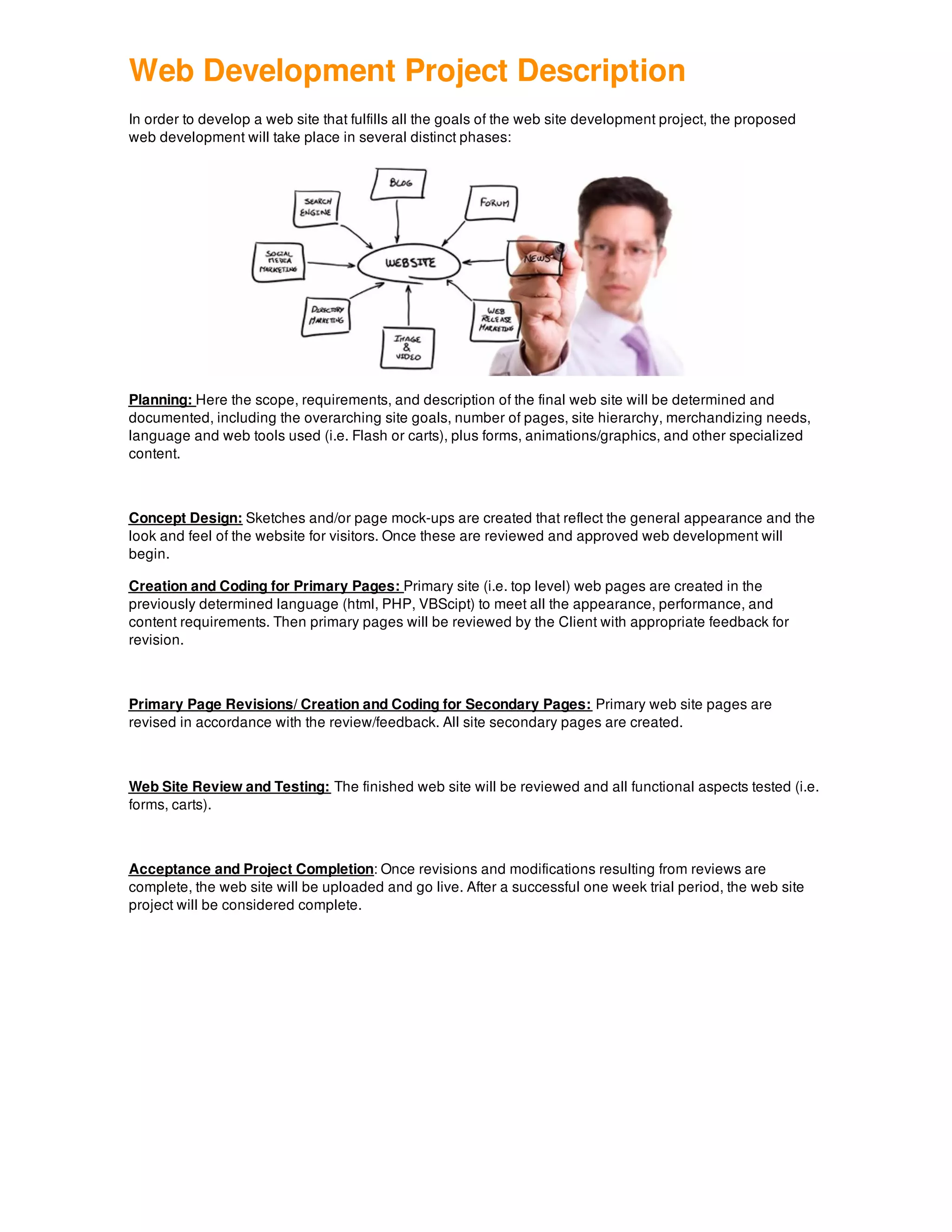 Web Development Project Description
In order to develop a web site that fulfills all the goals of the web site development project, the proposed
web development will take place in several distinct phases:
Planning: Here the scope, requirements, and description of the final web site will be determined and
documented, including the overarching site goals, number of pages, site hierarchy, merchandizing needs,
language and web tools used (i.e. Flash or carts), plus forms, animations/graphics, and other specialized
content.
Concept Design: Sketches and/or page mock-ups are created that reflect the general appearance and the
look and feel of the website for visitors. Once these are reviewed and approved web development will
begin.
Creation and Coding for Primary Pages: Primary site (i.e. top level) web pages are created in the
previously determined language (html, PHP, VBScipt) to meet all the appearance, performance, and
content requirements. Then primary pages will be reviewed by the Client with appropriate feedback for
revision.
Primary Page Revisions/ Creation and Coding for Secondary Pages: Primary web site pages are
revised in accordance with the review/feedback. All site secondary pages are created.
Web Site Review and Testing: The finished web site will be reviewed and all functional aspects tested (i.e.
forms, carts).
Acceptance and Project Completion: Once revisions and modifications resulting from reviews are
complete, the web site will be uploaded and go live. After a successful one week trial period, the web site
project will be considered complete.
 