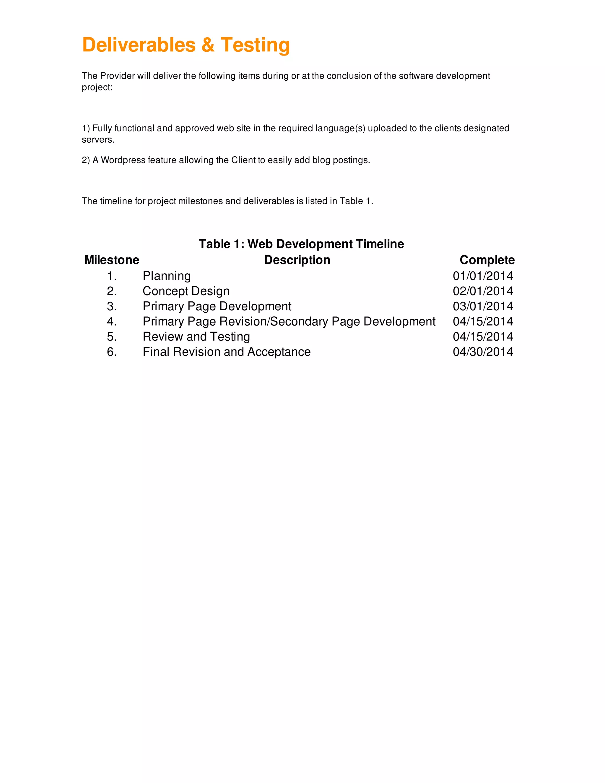 Deliverables & Testing
The Provider will deliver the following items during or at the conclusion of the software development
project:
1) Fully functional and approved web site in the required language(s) uploaded to the clients designated
servers.
2) A Wordpress feature allowing the Client to easily add blog postings.
The timeline for project milestones and deliverables is listed in Table 1.
Table 1: Web Development Timeline
Milestone Description Complete
1. Planning 01/01/2014
2. Concept Design 02/01/2014
3. Primary Page Development 03/01/2014
4. Primary Page Revision/Secondary Page Development 04/15/2014
5. Review and Testing 04/15/2014
6. Final Revision and Acceptance 04/30/2014
 