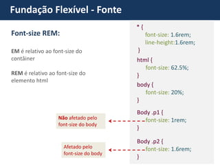 Fundação Flexível - Fonte EM é relativo ao font-size do contâiner REM é relativo ao font-size do elemento html 
body { font-size: 20%; 
} 
html { font-size: 62.5%; } Body .p1 { font-size: 1rem; } Não afetado pelo font-size do body Body .p2 { font-size: 1.6rem; } Afetado pelo font-size do body Font-size REM: * { font-size: 1.6rem; line-height:1.6rem; }  