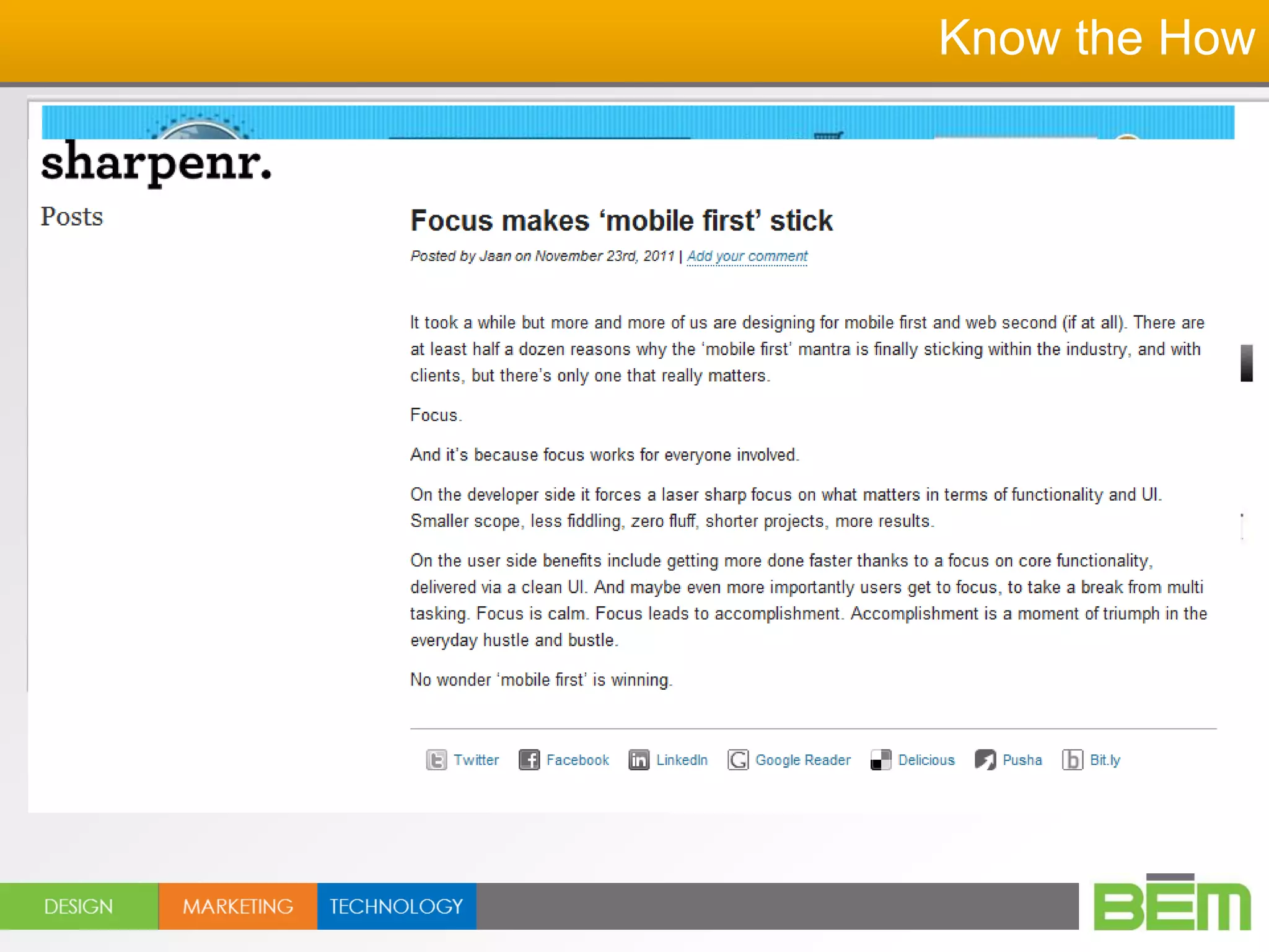 Know the How


Trends in 2012-2013

get more Social
   icons/badges
   widgets
   sharing options
   Google+ everywhere!
 