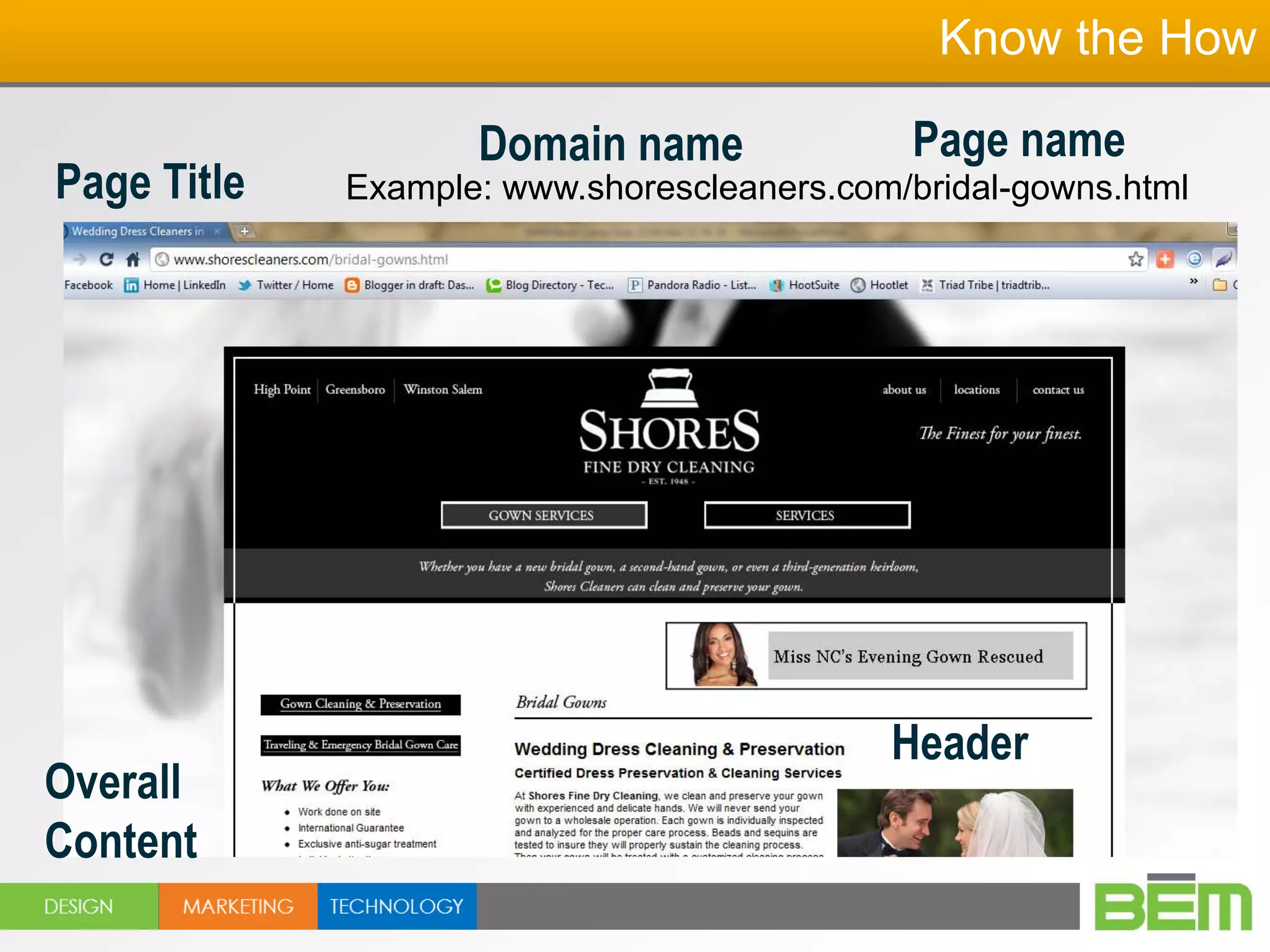 Know the How

                    Domain name              Page name
Page Title   Example: www.shorescleaners.com/bridal-gowns.html




                                            Header
Overall
Content
 
