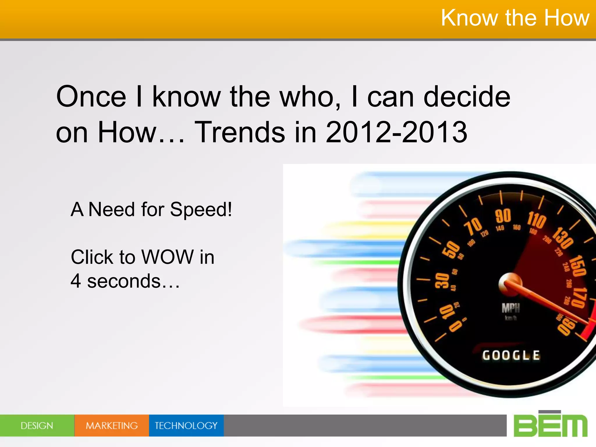 Know the How


Once I know the who, I can decide
on How… Trends in 2012-2013

 A Need for Speed!

 Click to WOW in
 4 seconds…
 