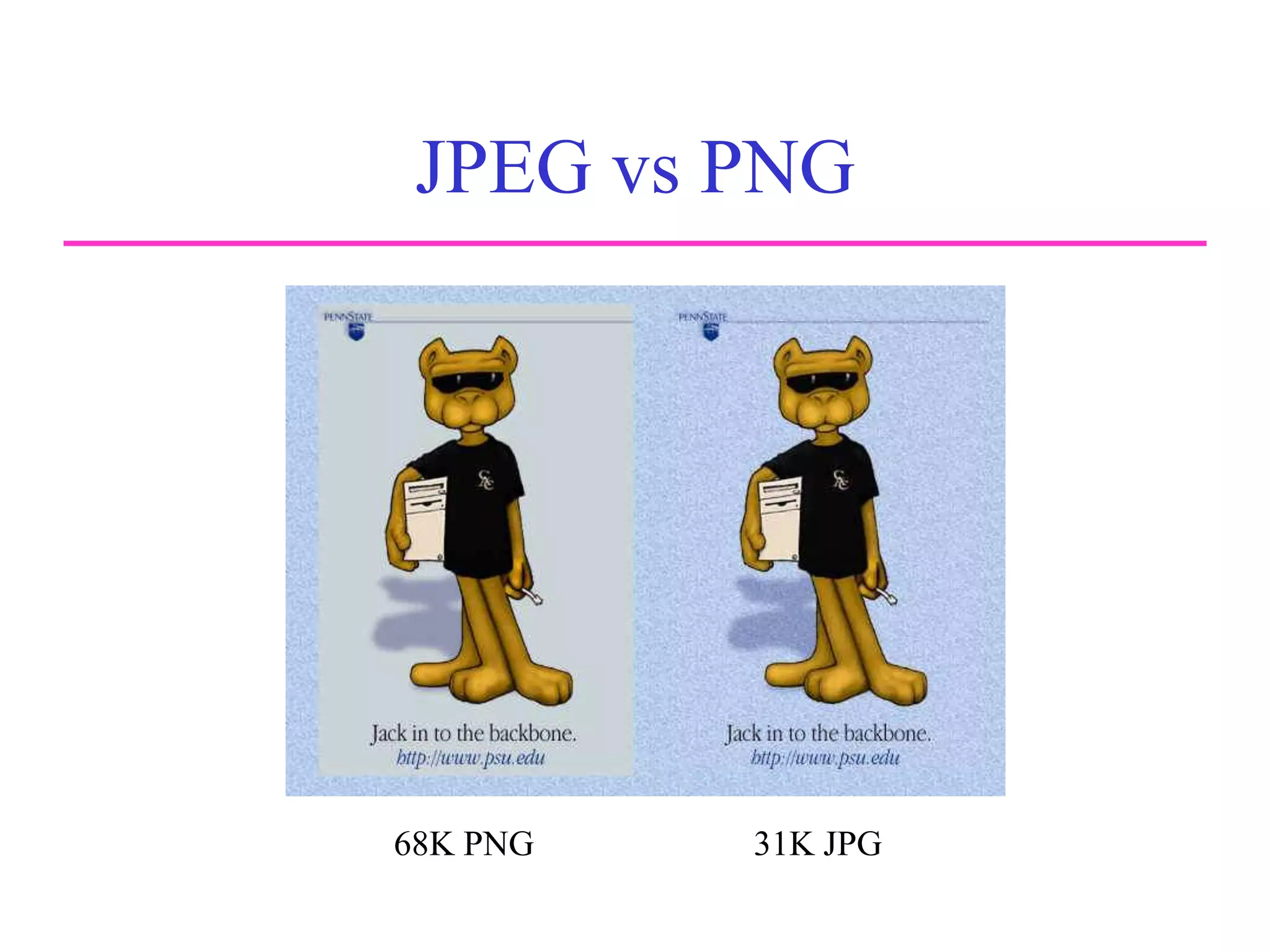 JPEG vs PNG
Comparison
of JPEG and
PNG
68K PNG 31K JPG
 