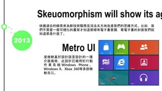 2013
Skeuomorphism will show its a
^ȥľ¼gՁK]̫ظM҂˼Sʽ磬
Ҫһҕĕ֪ܲeӕҪxӕķ҂
֪ʲNˡ
Metro UI
΢ܛOӋZOӋһN
L񣬴OӋѱЄ
 I ϵ y Windows Phone 
Windows 8Xbox 360ȶ΢
ܛaƷ
 