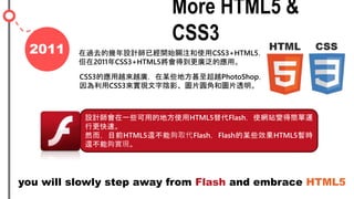 2011
More HTML5 &
CSS3
^ȥĎOӋѽ_ʼPעʹCSS3+HTML5
2011CSS3+HTML5õVđá
OӋһЩõĵطʹHTML5FlashʹWվ׃ú\
и١
ȻĿǰHTML5߀܉ȡFlashFlashĳЩЧHTML5r
߀܉򌍬F
you will slowly step away from Flash and embrace HTML5
CSS3đԽԽVĳЩطԽPhotoShop
CSS3팍FӰDƬAǺ͈DƬ͸
 