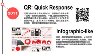 2011
QR: Quick Response
@εėlδaQQRʹ֙CĔz
һΨһėlδaƬ֙CxȡQRAPP
_lδaPľWվԼԌQR
ܶطQRľWվĿ׌g[
ߓһƄӾW퓵Ŀݷʽ
Infographic-like
@һ춽Ŀģ֮ᷴ
ȡ˶ռкܴڅݡϢ
DҕXdȤӵľWվăݣ
ʹԭ﷦ζĽyӋԭʼ
̈́ԡ
 