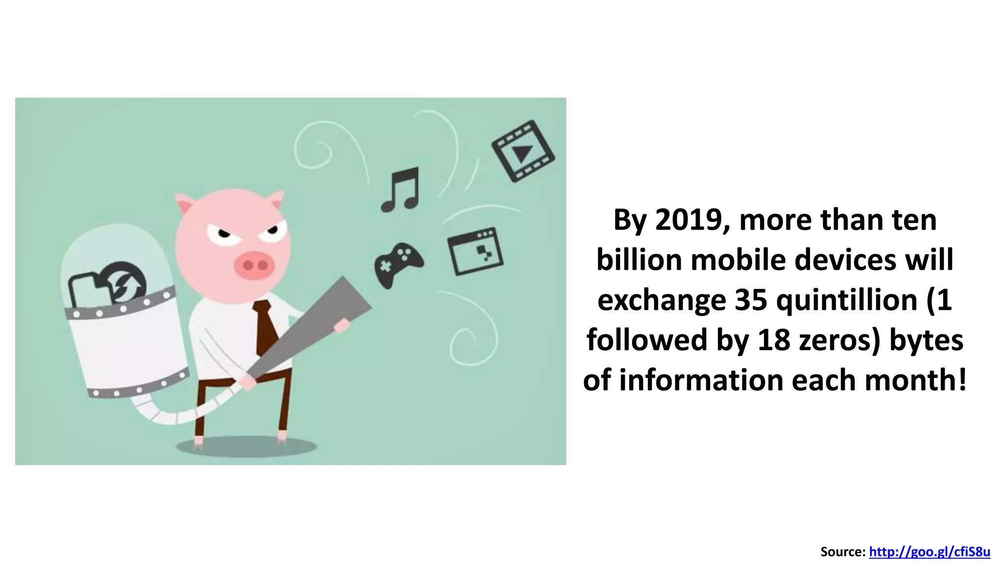 By 2019, more than ten
billion mobile devices will
exchange 35 quintillion (1
followed by 18 zeros) bytes
of information each month!
Source: http://goo.gl/cfiS8u
 