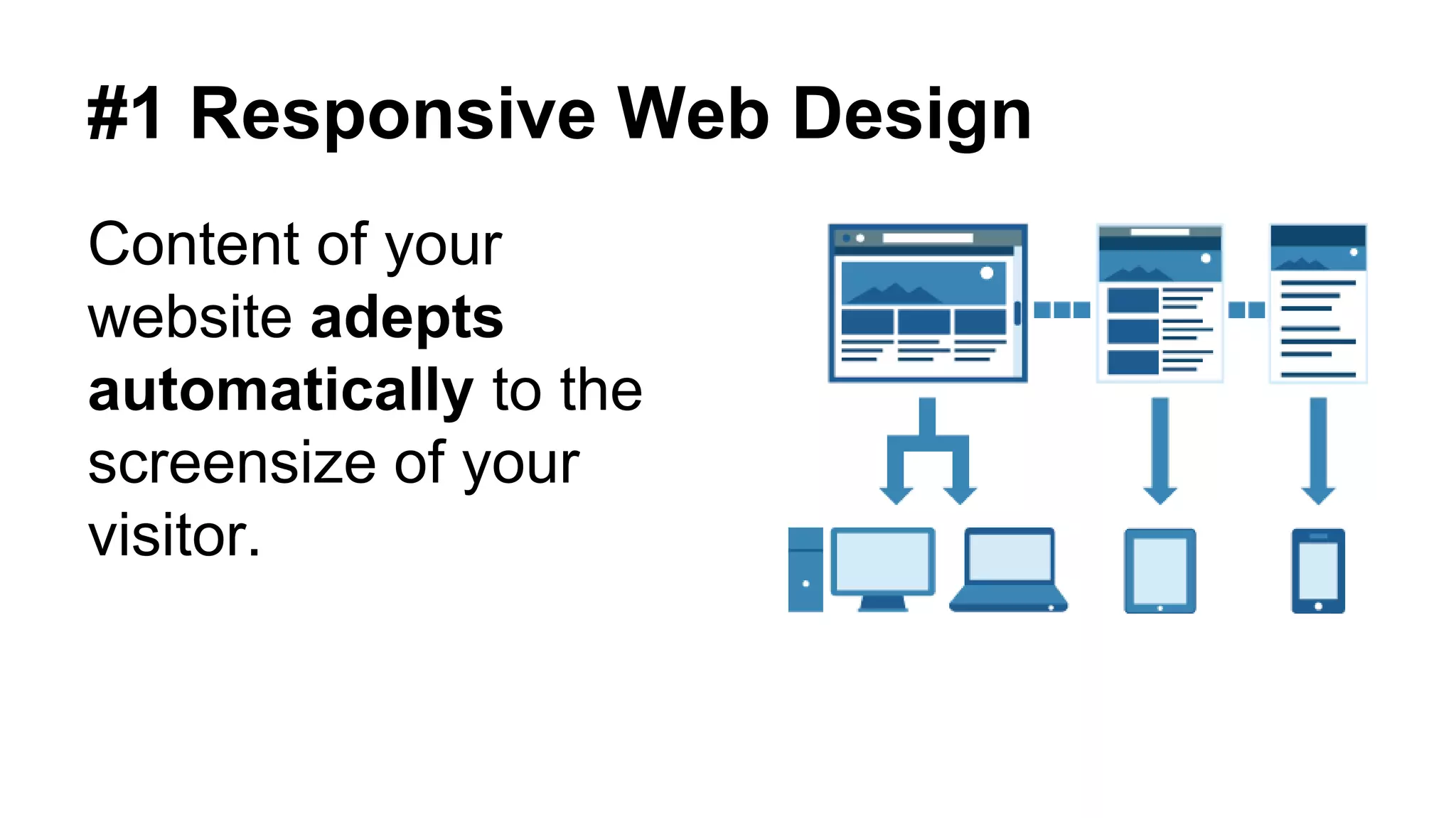 #1 Responsive Web Design 
Content of your 
website adepts 
automatically to the 
screensize of your 
visitor. 
 