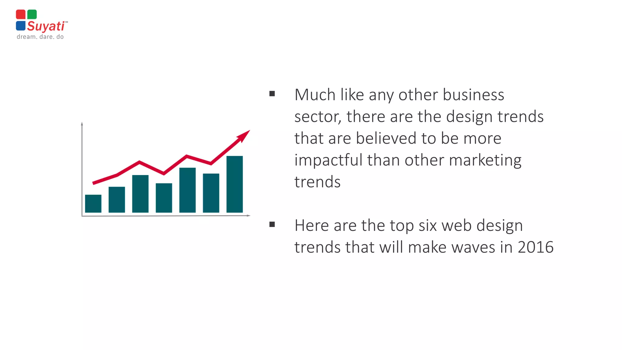  Much like any other business
sector, there are the design trends
that are believed to be more
impactful than other marketing
trends
 Here are the top six web design
trends that will make waves in 2016
 