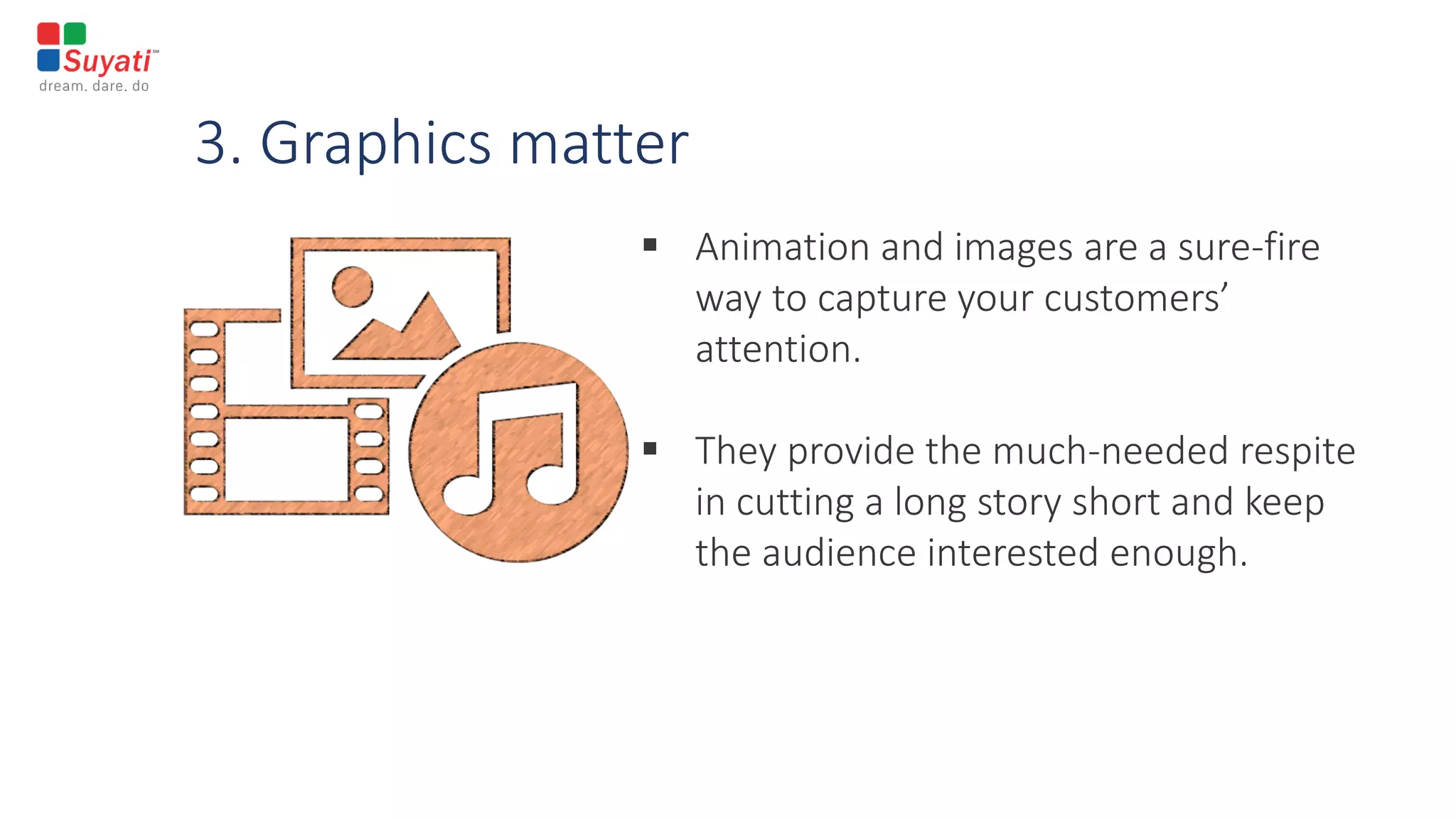 3. Graphics matter
 Animation and images are a sure-fire
way to capture your customers’
attention.
 They provide the much-needed respite
in cutting a long story short and keep
the audience interested enough.
 