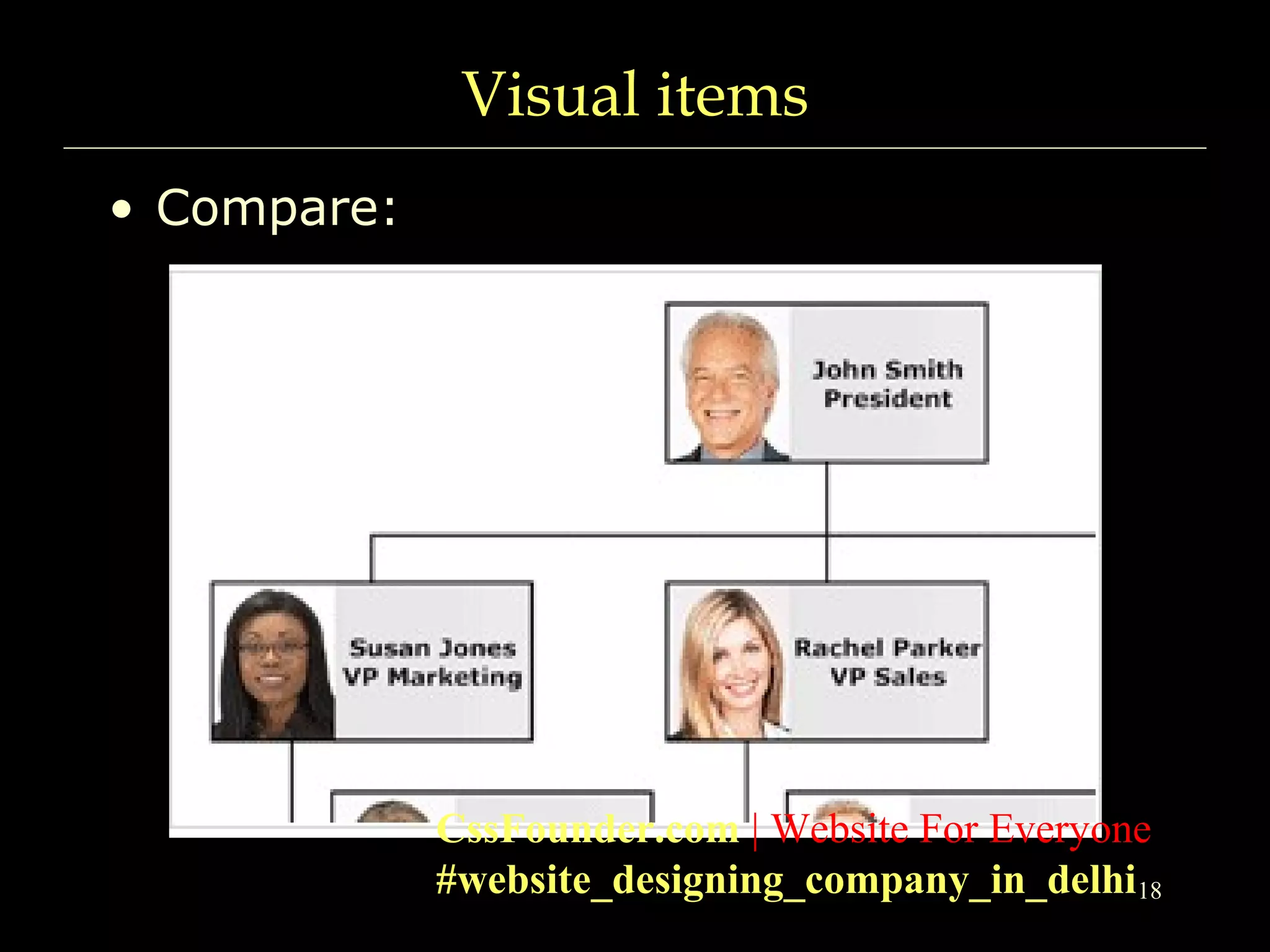 Visual items
• Compare:
18
CssFounder.com | Website For Everyone
#website_designing_company_in_delhi
 