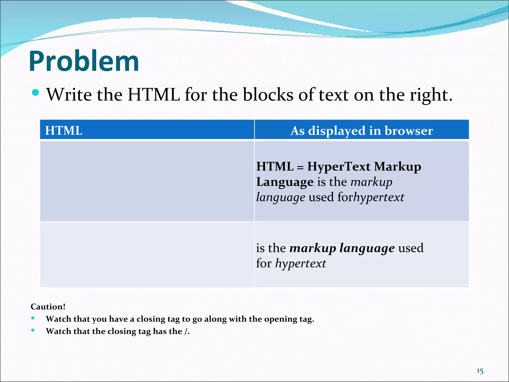 Problem
 Write the HTML for the blocks of text on the right.

   HTML                                                        As displayed in browser

                                                      HTML = HyperText Markup
                                                      Language is the markup
                                                      language used forhypertext



                                                      is the markup language used
                                                      for hypertext


Caution!
 Watch that you have a closing tag to go along with the opening tag.
 Watch that the closing tag has the /.



                                                                                         15
 