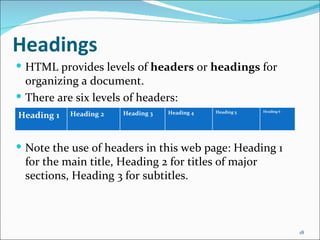 Headings
 HTML provides levels of headers or headings for
  organizing a document.
 There are six levels of headers:
                                                Heading 5   Heading 6
            Heading 2   Heading 3   Heading 4
Heading 1


 Note the use of headers in this web page: Heading 1
  for the main title, Heading 2 for titles of major
  sections, Heading 3 for subtitles.



                                                                        18
 