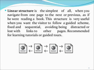  Linear structure is    the simplest of all, when you
 navigate from one page to the next or previous, as if
 he were reading a book. This structure is very useful
 when you want the visitor to follow a guided scheme,
 fixed and sequential, avoiding being distracted or
 lost with     links to    other    pages. Recommended
 for learning tutorials or guided tours.




                                                     5
 