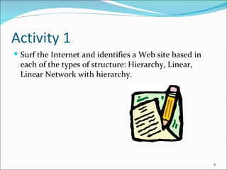 Activity 1
 Surf the Internet and identifies a Web site based in
 each of the types of structure: Hierarchy, Linear,
 Linear Network with hierarchy.




                                                         8
 