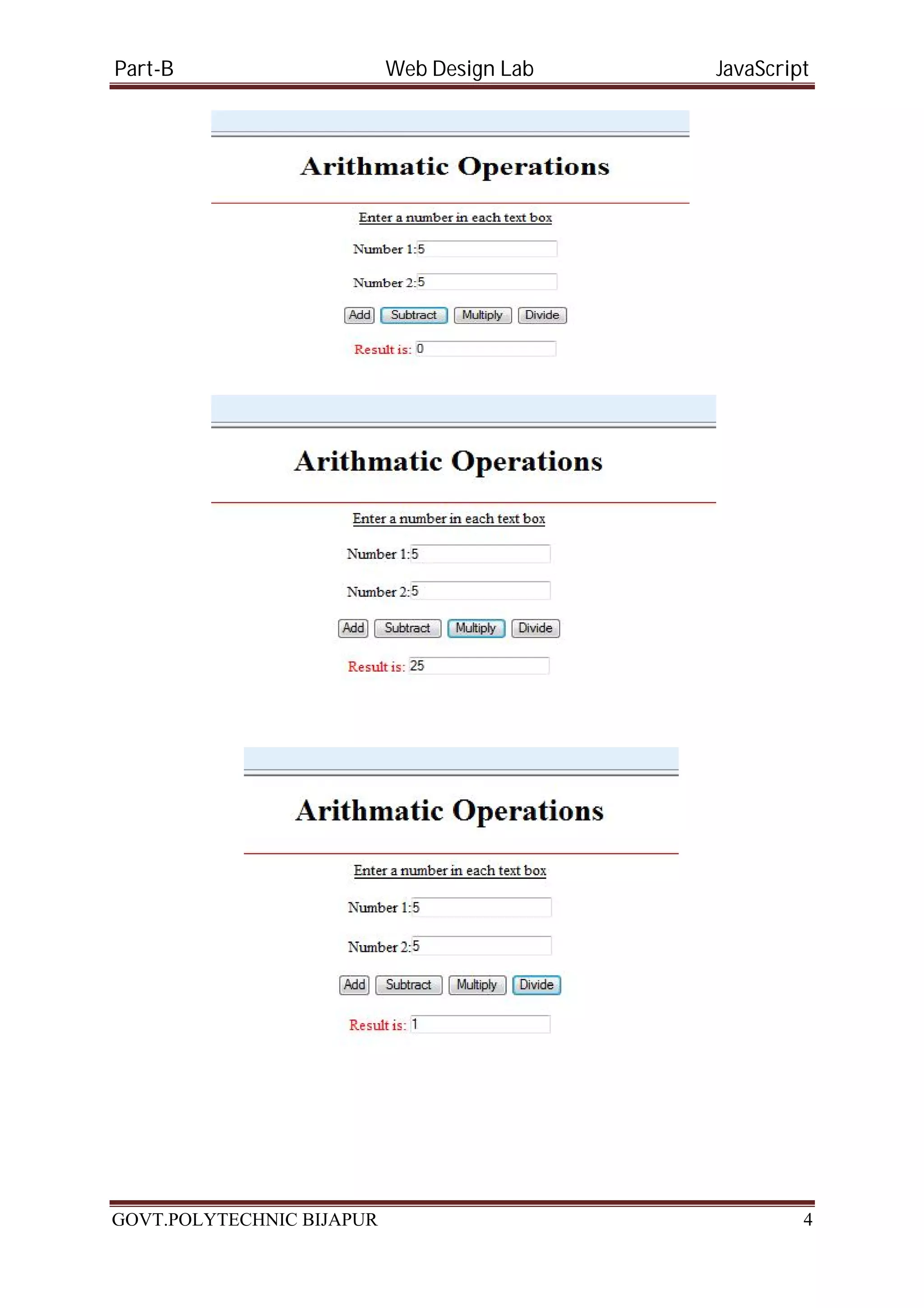 Part-B Web Design Lab JavaScript GOVT.POLYTECHNIC BIJAPUR 4 