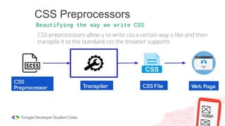 CSS Preprocessors
Beautifying the way we write CSS
CSS preprocessors allow u to write css a certain way u like and then
transpile it to the standard css the browser supports
 