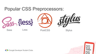 Popular CSS Preprocessors:
Sass Less PostCSS Stylus
 