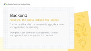 Powering the magic behind the scenes
The backend handles the server-side logic, databases
and application functionality.
Examples: User authentication systems, content
management systems, payment processes.
Backend
 