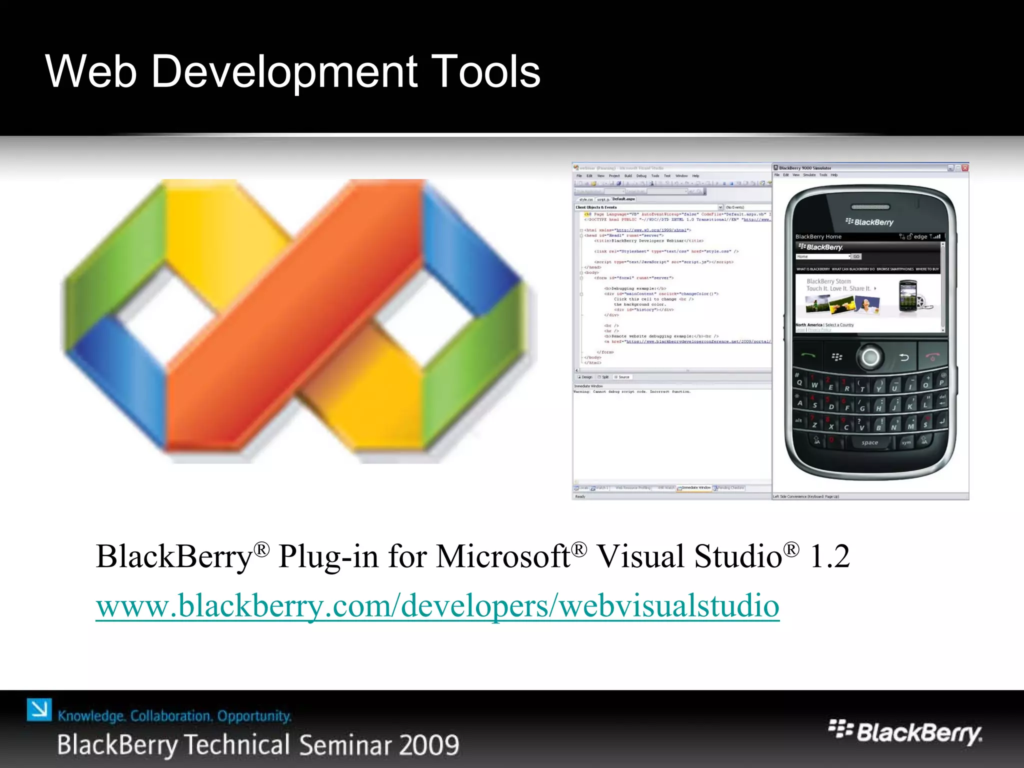 Web Development Tools
BlackBerry® Plug-in for Microsoft® Visual Studio® 1.2
www.blackberry.com/developers/webvisualstudio
 