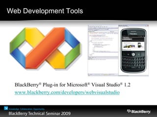Web Development Tools
BlackBerry® Plug-in for Microsoft® Visual Studio® 1.2
www.blackberry.com/developers/webvisualstudio
 