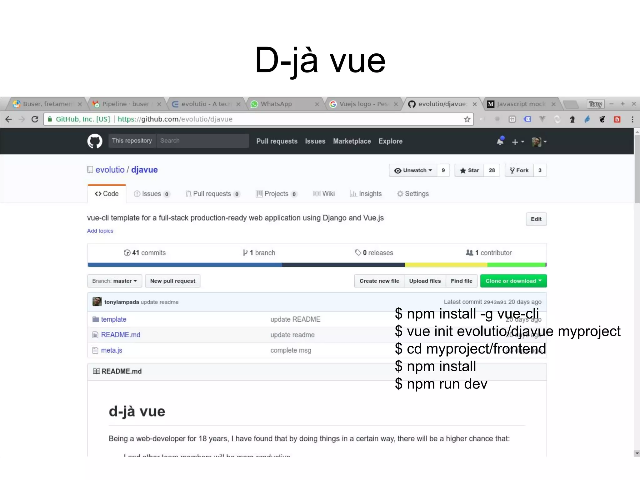 D-jà vue
$ npm install -g vue-cli
$ vue init evolutio/djavue myproject
$ cd myproject/frontend
$ npm install
$ npm run dev
 
