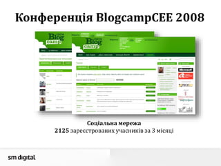 Конференція BlogcampCEE 2008
Соціальна мережа
2125 зареєстрованих учасників за 3 місяці
 