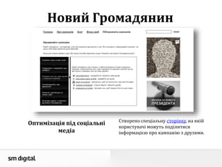 Оптимізація під соціальні
медіа
Створено спеціальну сторінку, на якій
користувачі можуть поділитися
інформацією про кампанію з друзями.
Новий Громадянин
 