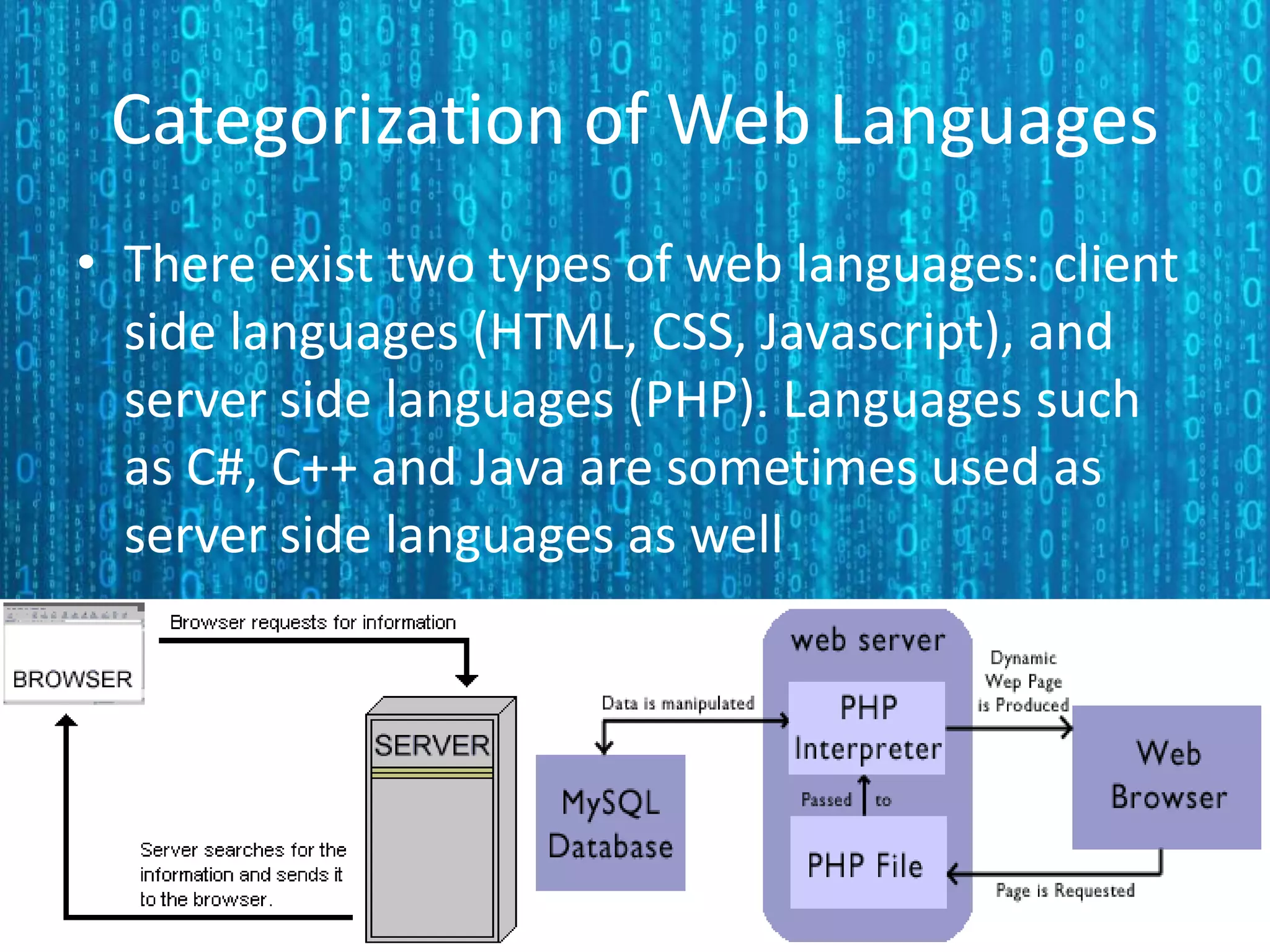 Categorization of Web Languages • There exist two types of web languages: client side languages (HTML, CSS, Javascript), and server side languages (PHP). Languages such as C#, C++ and Java are sometimes used as server side languages as well 
