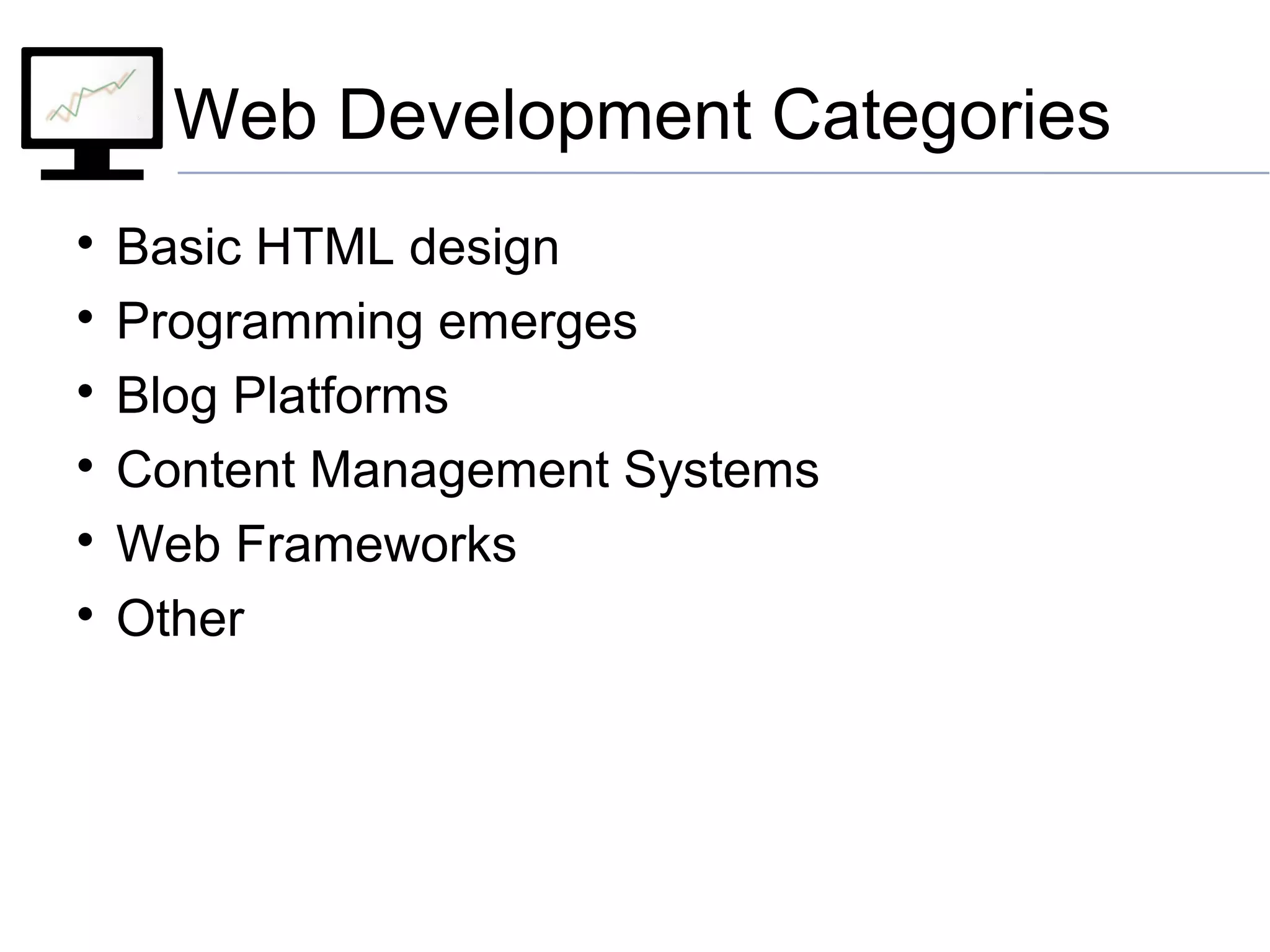 Web Development Categories

Basic HTML design

Programming emerges

Blog Platforms

Content Management Systems

Web Frameworks

Other
 