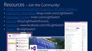 HTML Client & SharePoint Support = VS 2012 Update 2
LightSwitch Team Blog
Developer Center
Forums
Facebook
Twitter
 