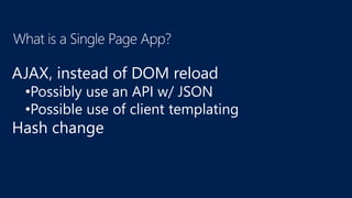 AJAX, instead of DOM reload
•Possibly use an API w/ JSON
•Possible use of client templating
Hash change
 