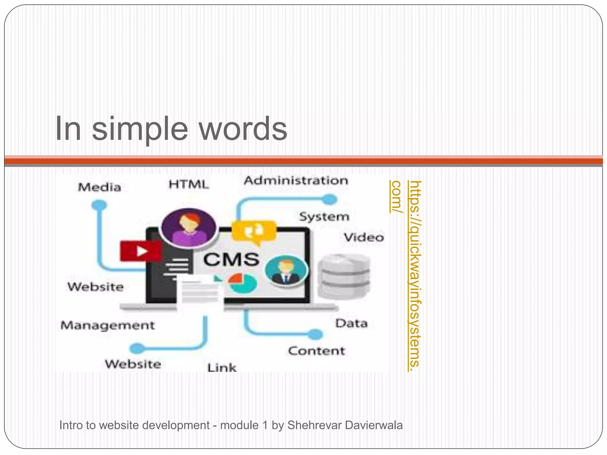 In simple words
Intro to website development - module 1 by Shehrevar Davierwala
https://quickwayinfosystems.
com/
 