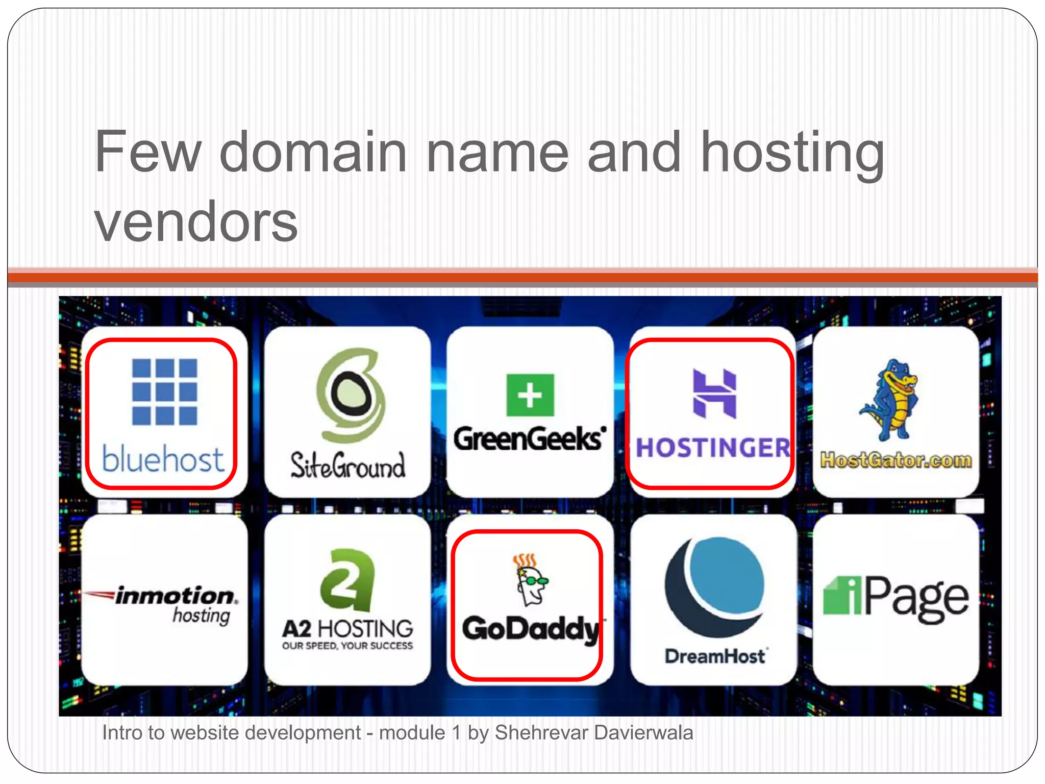 Few domain name and hosting
vendors
Intro to website development - module 1 by Shehrevar Davierwala
 