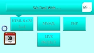 We Deal With…..
PHPMYSQL
HTML & CSS
(BASICS)
LIVE
PROJECT
 