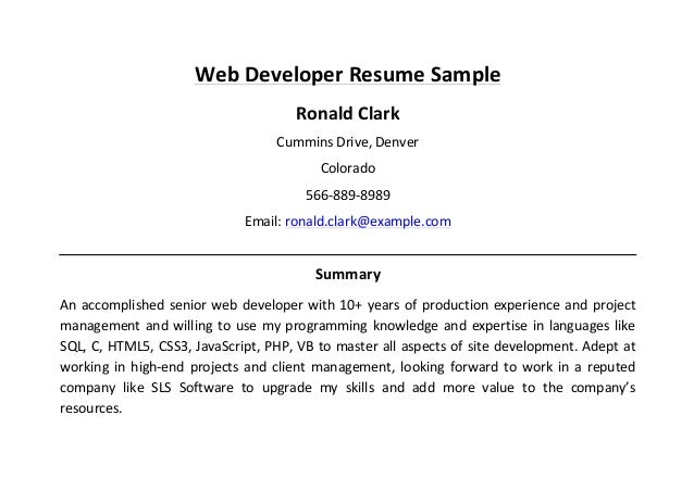 sample web developer resume