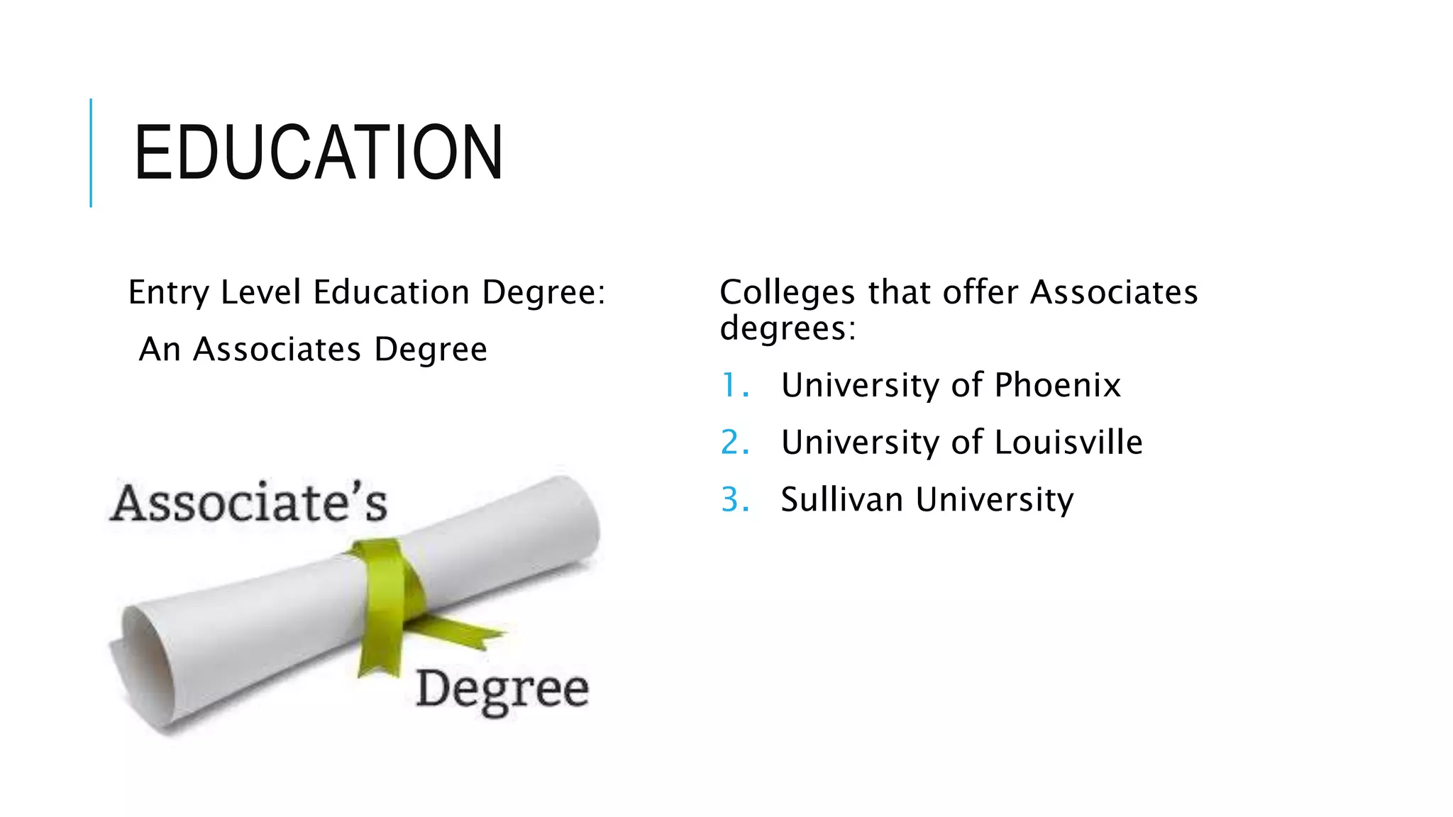 EDUCATION
Entry Level Education Degree:
An Associates Degree
Colleges that offer Associates
degrees:
1. University of Phoenix
2. University of Louisville
3. Sullivan University
 