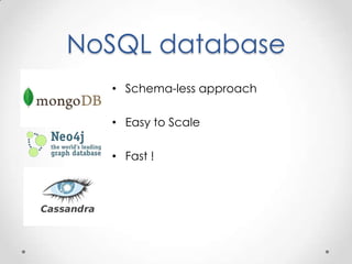 NoSQL database
  • Schema-less approach

  • Easy to Scale

  • Fast !
 