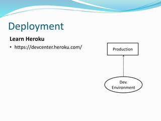 Deployment 
Learn Heroku 
• https://devcenter.heroku.com/ Production 
Dev. 
Environment 
 