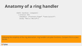 Anatomy of a ring handler
(defn handler [request]
{:status 200
:headers {"Content-Type" "text/plain"}
:body "Hello World"})
Following the simplicity of the ring abstraction, ring handlers are plain functions. Compare this to a Java
Servlet.
 