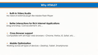 Why HTML5?
 Built-In Video/Audio
No need of external plugin like Adobe Flash Player
 Cross Browser support
Compatible with all major web browsers – Chrome, Firefox, IE, Safari, etc…
 Mobile Optimization
Working across all types of devices – Desktop, Tablet, Smartphones
 Better Interactions for Rich Internet Applications
Drag and Drop, Canvas element, etc…
 
