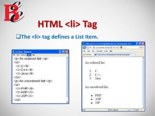 HTML <li> Tag
The <li> tag defines a List Item.
 
